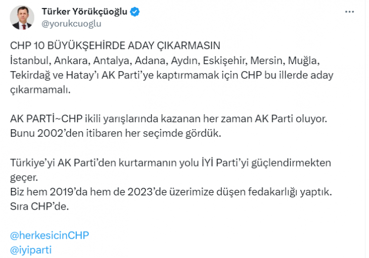 İyi Parti'den CHP'ye 'Fedakarlık Sırası Sizde'